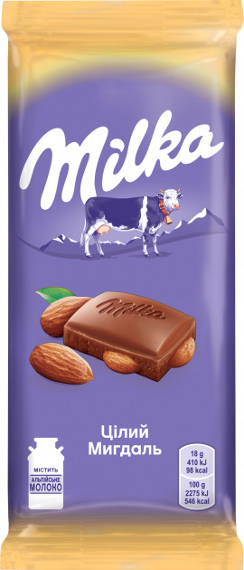Шоколад молочний Milka з цільним миндалем 90г.